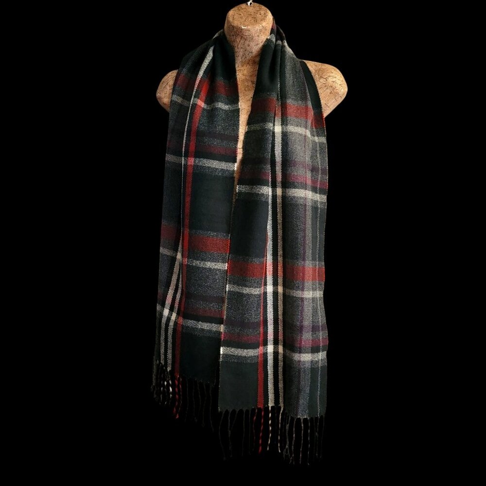 Plaid Preppy Dark Academia Scarf With Fringe Design In Black Burgundy & Gray